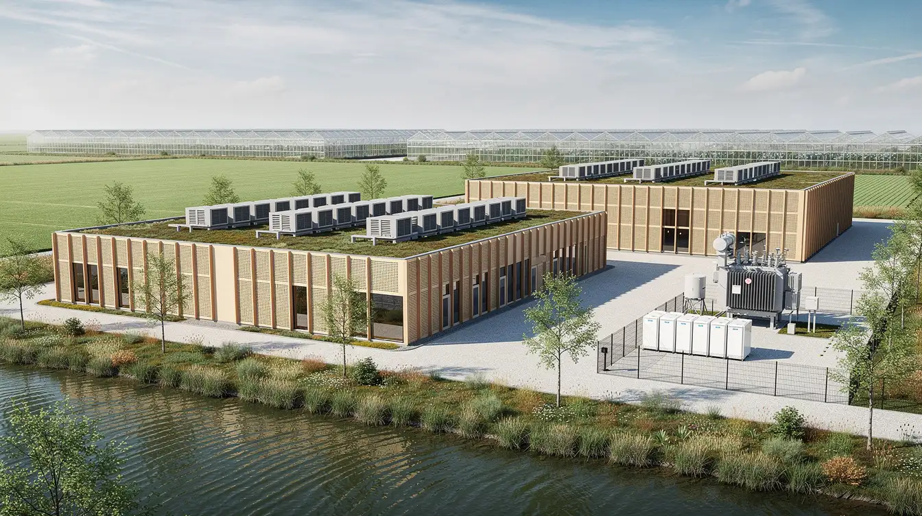 Two long data halls with planted roofs and rooftop coolers, a fenced substation and battery containers alongside, seen across a planted water channel